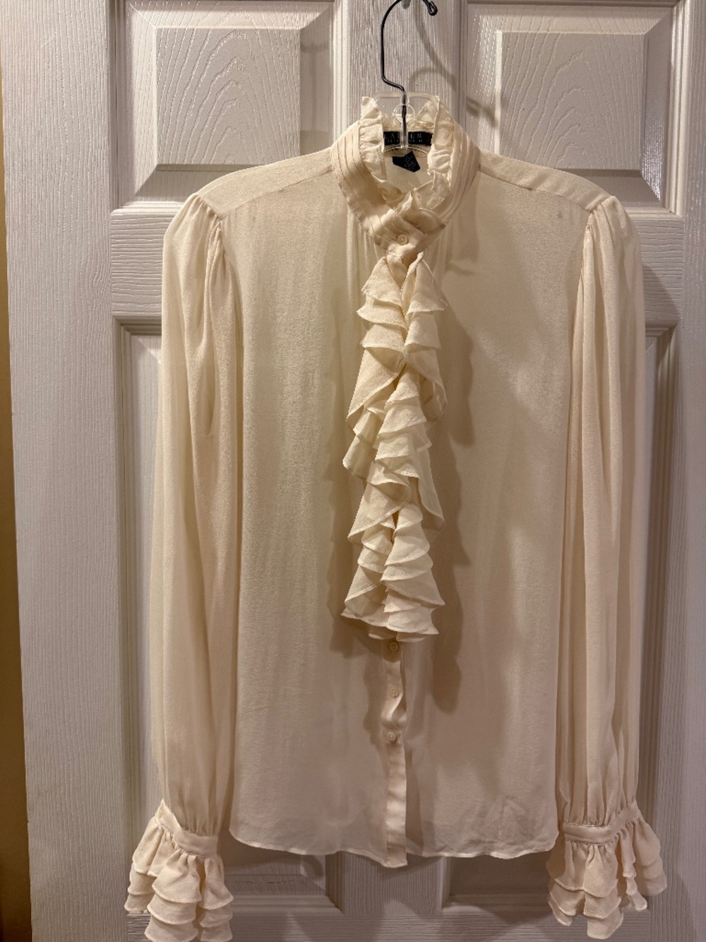 Lauren Ralph Lauren 100% Silk Ruffle Blouse Cream Sheer Victorian High Neck Sz 4